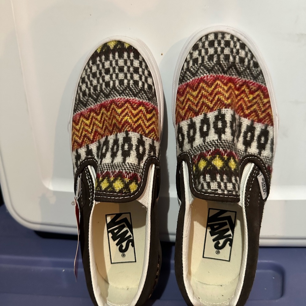 Vans Brown and Red Sneakers Slip-On Style with Geometric Pattern